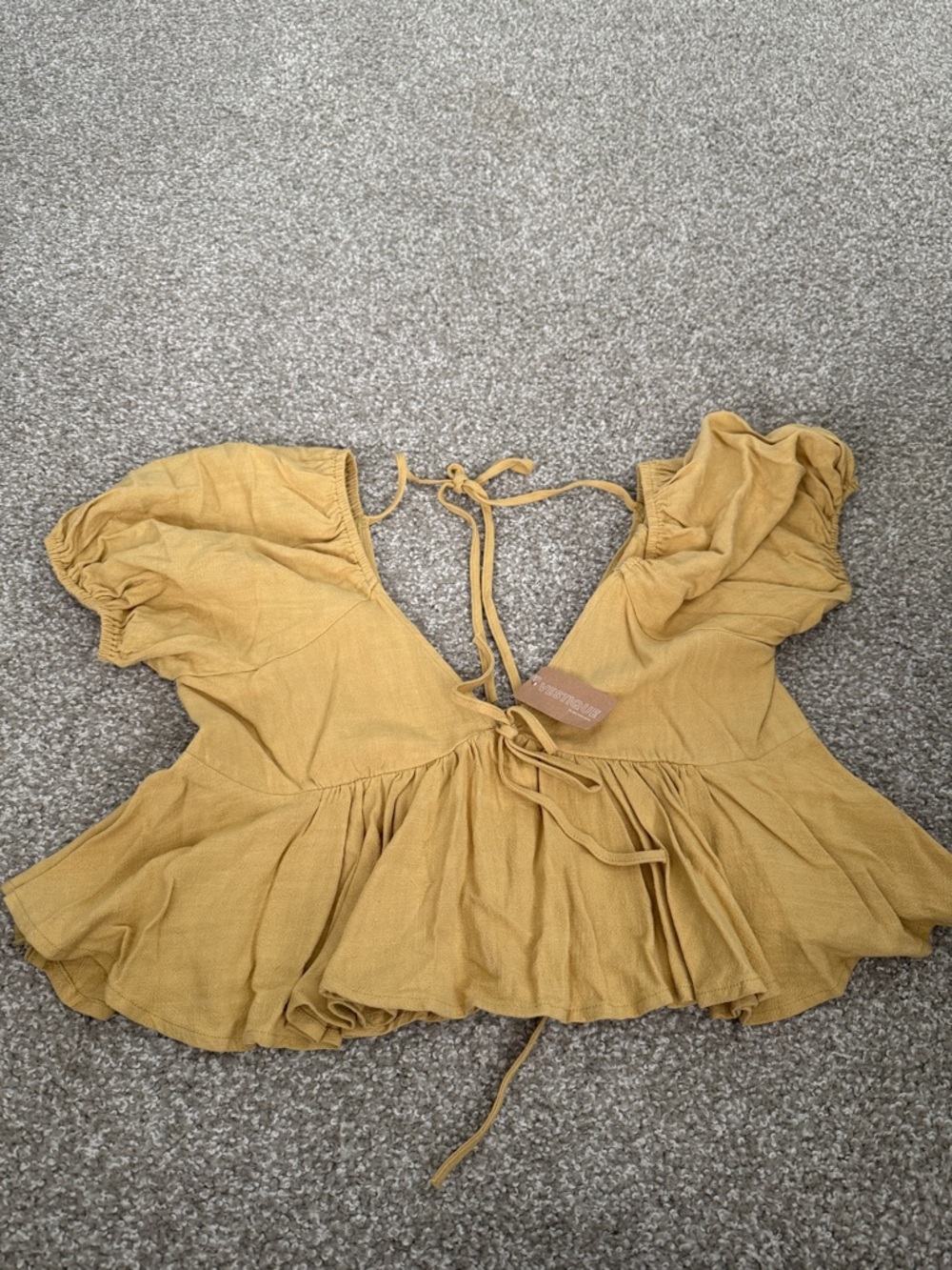 vestique Mustard Yellow Puff-Sleeve Tie-Front Peplum Crop Top